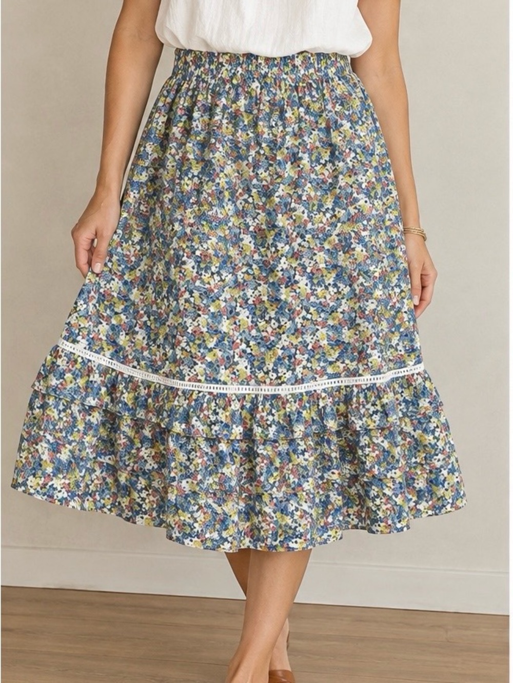 Cynthia Rowley Multi Color Floral Tiered Ruffle Hem A-Line Maxi Skirt Size L